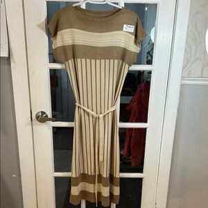 W78.    Striped Knit Belted Midi Dress in Tan and Cream